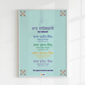 This is an A4-sized poster dedicated to the 'Char Sahibzade', the four valiant sons of Guru Gobind Singh Ji, a significant figure in Sikh history. The poster is designed not only as a decorative item but as a tribute to the enduring legacy of bravery and faith represented by these young heroes. It beautifully encapsulates the spirit of Sikh history, aiming to inspire and educate those who view it. The artwork and design of the poster are crafted to reflect the cultural and historical importance of the Char Sahibzade, making it a meaningful piece for those who cherish Sikh heritage and values.